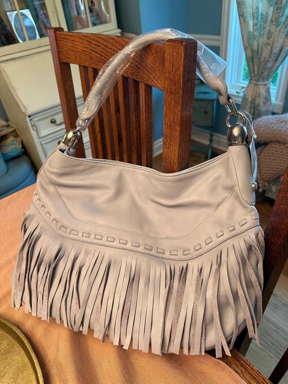 b. makowsky vintage Y2K Light Gray Blue Fringed Hobo Leather Shoulder Bag New